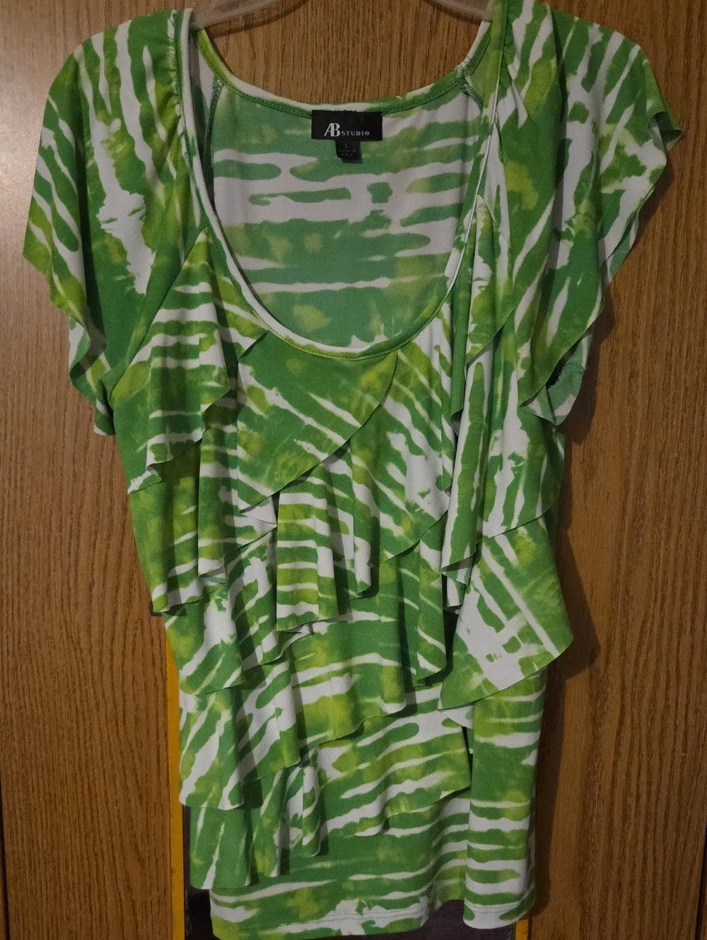AB Studio Green and White Tie-Dye Ruffled Scoop Neck Top